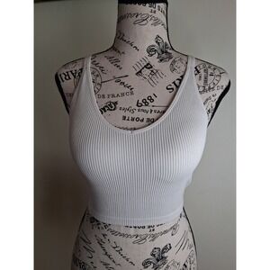 Lemon Womens Ribbed V-Neck Strappy Criss Cross Back Crop Top Cream Small
